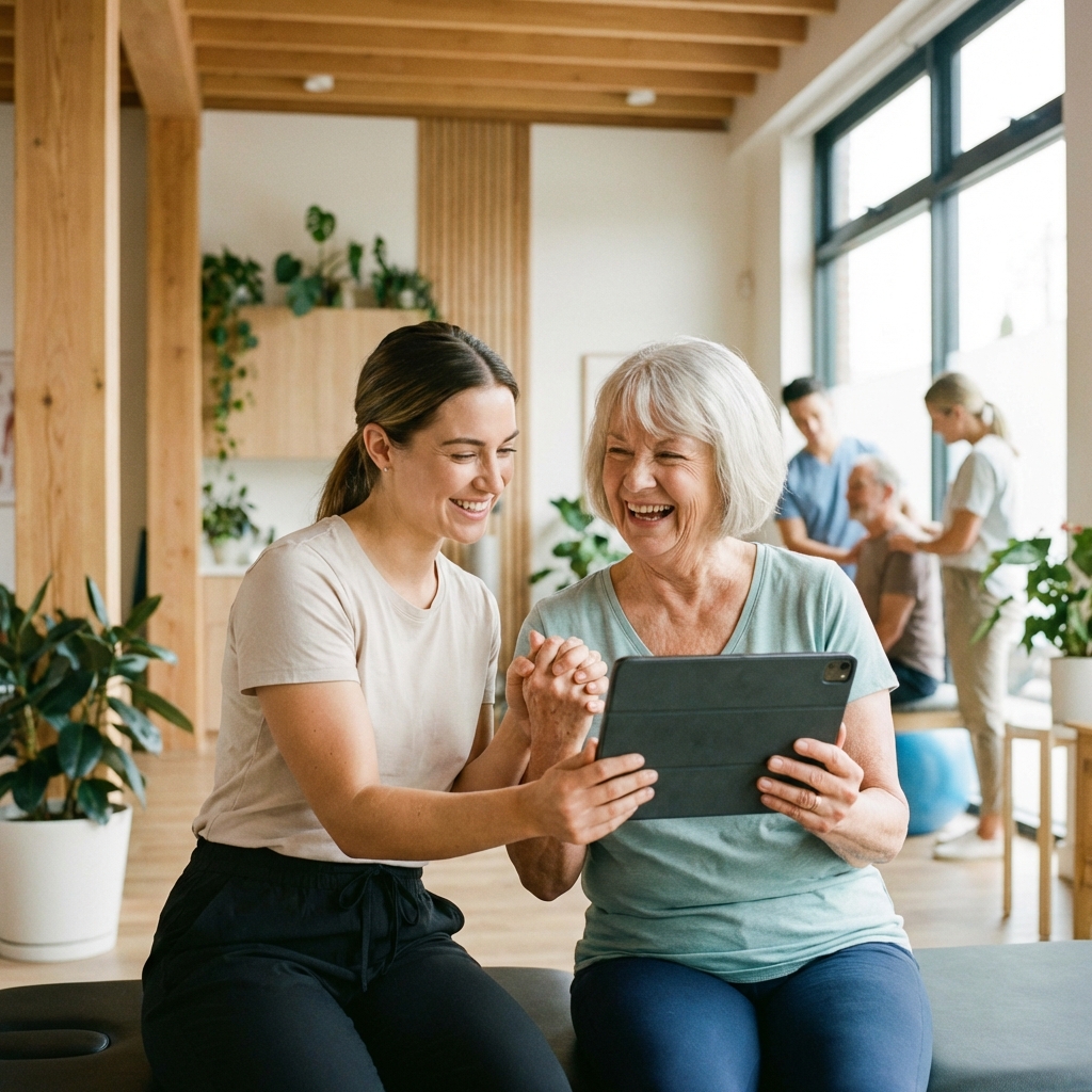 Physiotherapeutin und Patientin mit Tablet